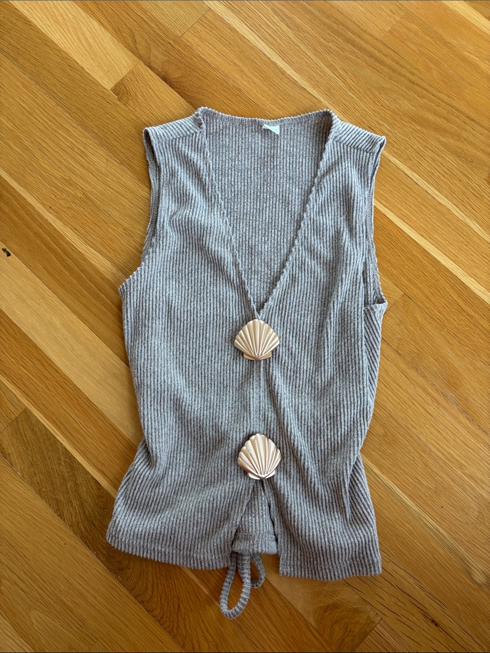 Ribbed Sleeveless V-Neck Tank with Shell Buttons - Beige